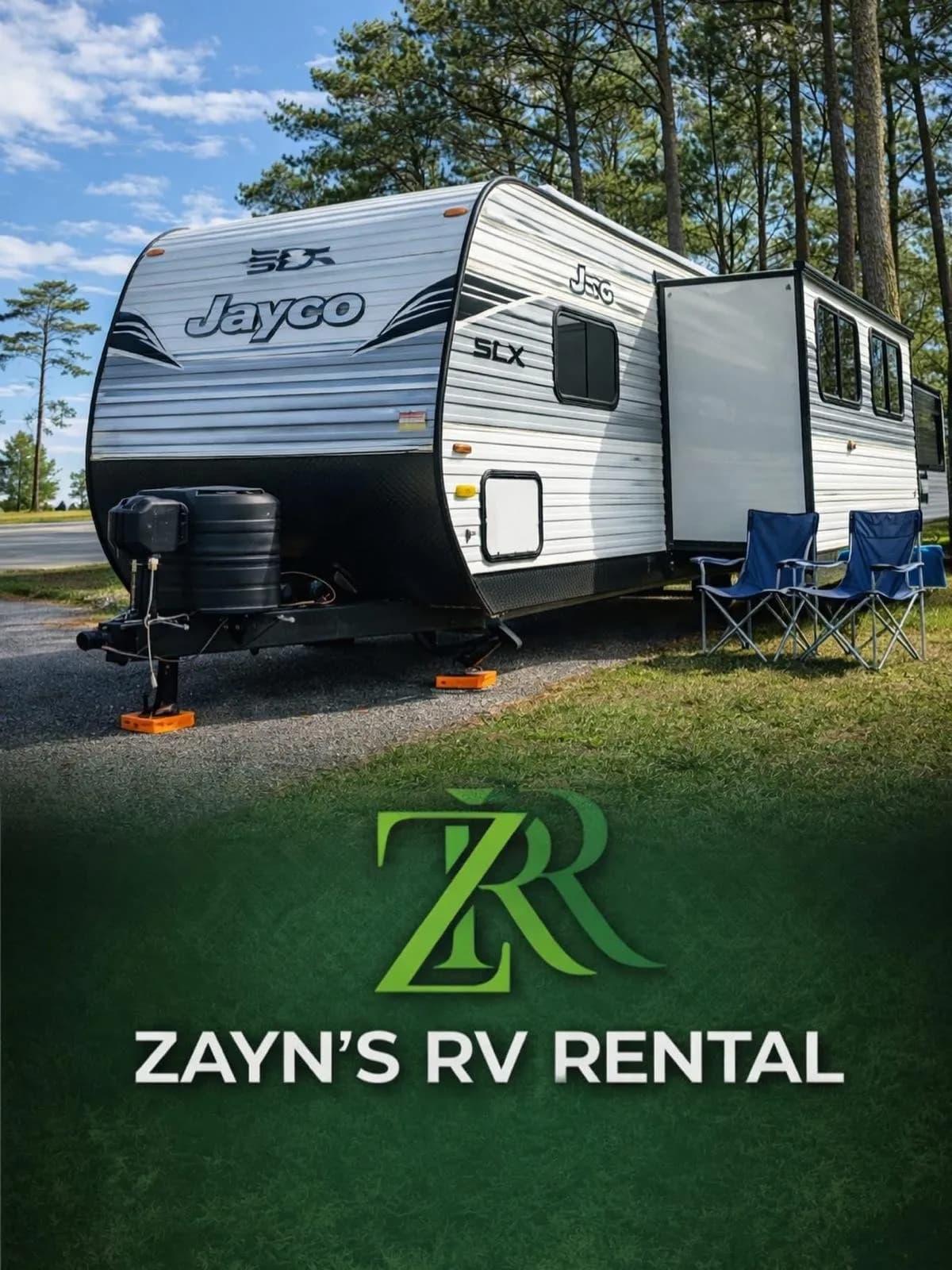 Zayn's RV Rental travel trailer set up at Assateague Island near Ocean City, MD